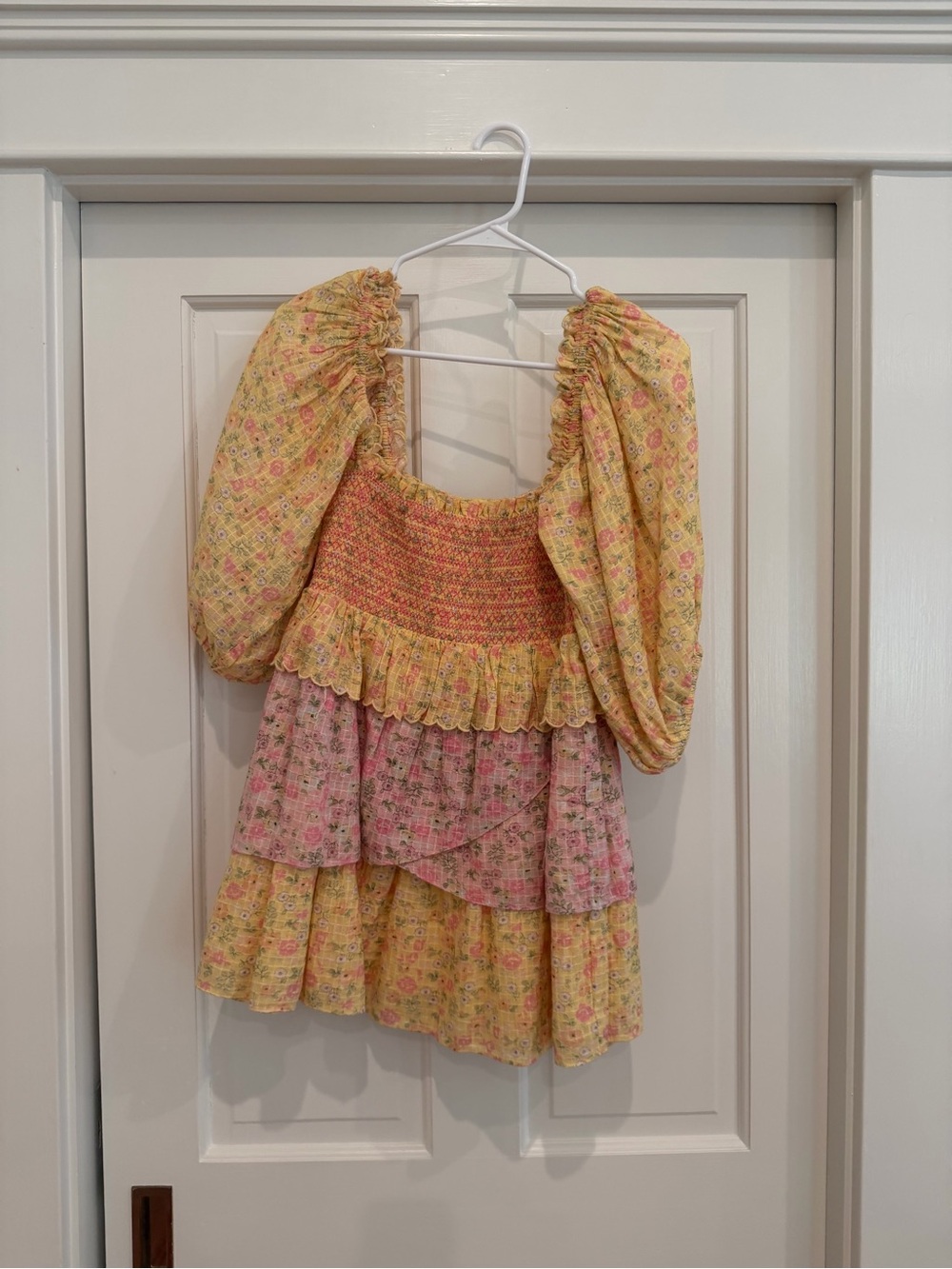 LoveShackFancy Yellow and Pink Floral Tiered Puff-Sleeve Mini Dress